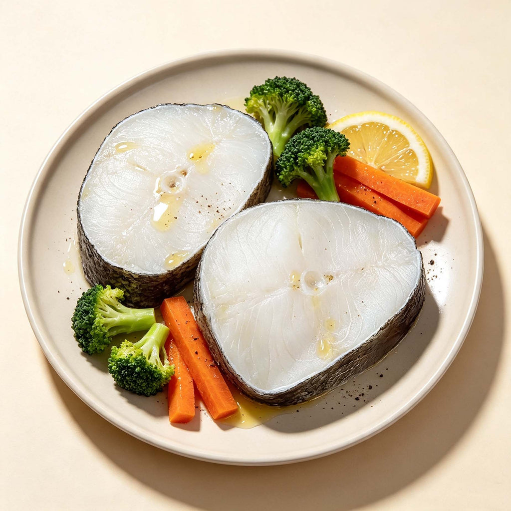 Round cut cod steak, raw and frozen