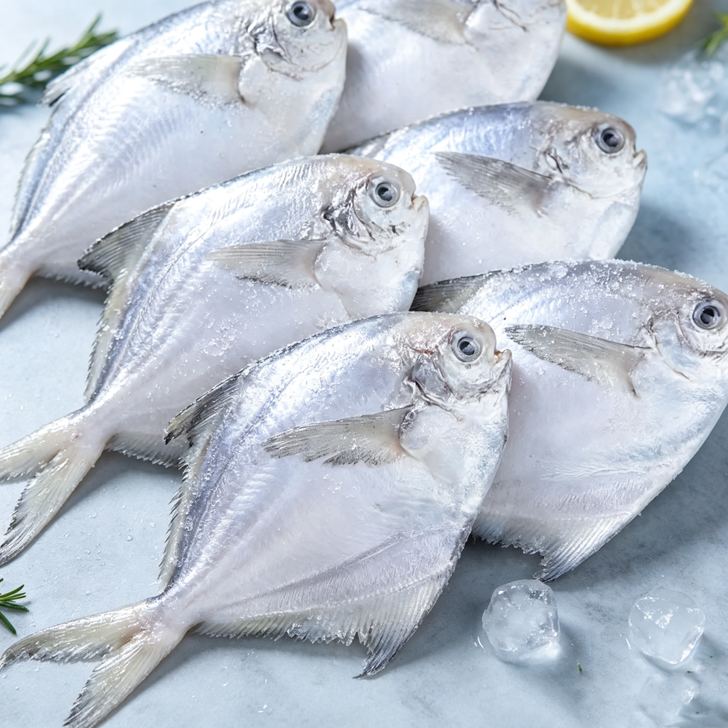 Silver pomfret, whole and frozen