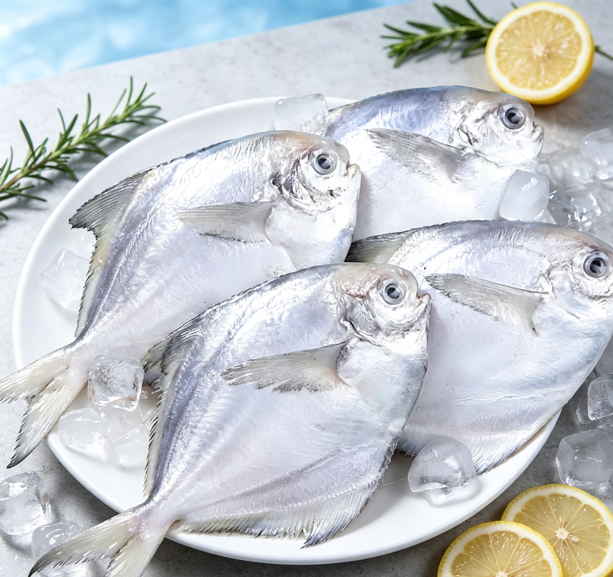 Silver pomfret, whole and frozen