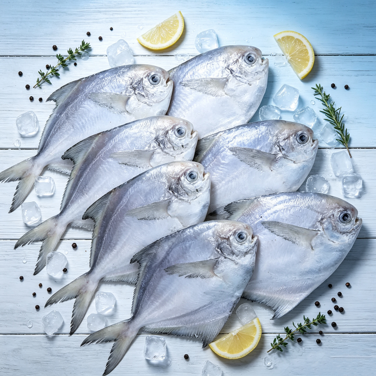 Silver pomfret, whole and frozen